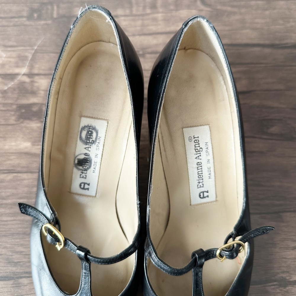 Etienne Aigner Retro Leather Black T-Strap Athena Heels Women's Size 7M - Picture 4 of 10